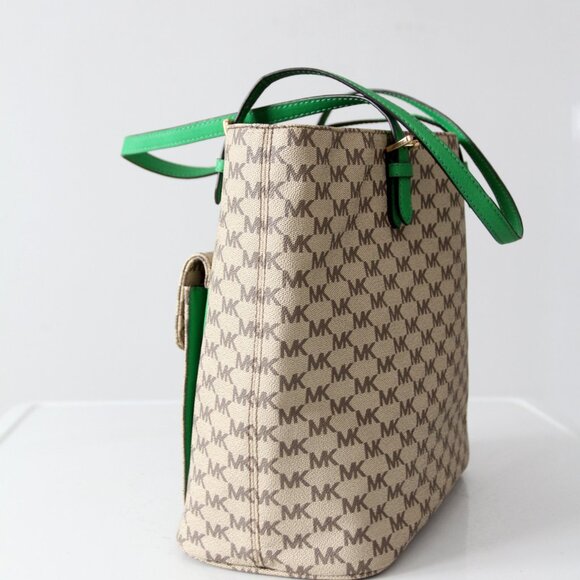 Michael Kors Monogram Canvas Tote Bag with Green Leather Handles - Picture 5 of 16